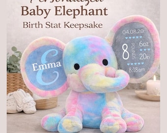 Custom Birth Announcement Personalized Elephant, Birth Stats, New Baby Gift, Newborn Gift, Baby  Gift, Stuffed Elephant, Custom Baby Gift