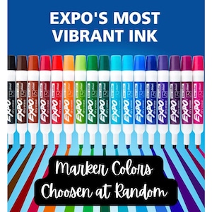 May include: A collection of Expo dry erase markers in various colors, including black, brown, red, orange, green, blue, and purple. The markers have a chisel tip and low odor. The text on the image reads "EXPO'S MOST VIBRANT INK" and "Marker Colors Chosen at Random."
