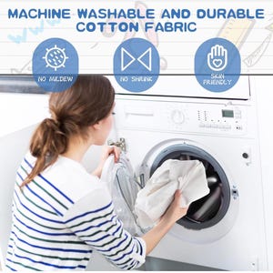 May include: A woman loads a white shirt into a washing machine. The image includes text that reads "MACHINE WASHABLE AND DURABLE COTTON FABRIC" with icons indicating "NO MILDEW", "NO SHRINK", and "SKIN FRIENDLY". The woman wears a striped shirt.