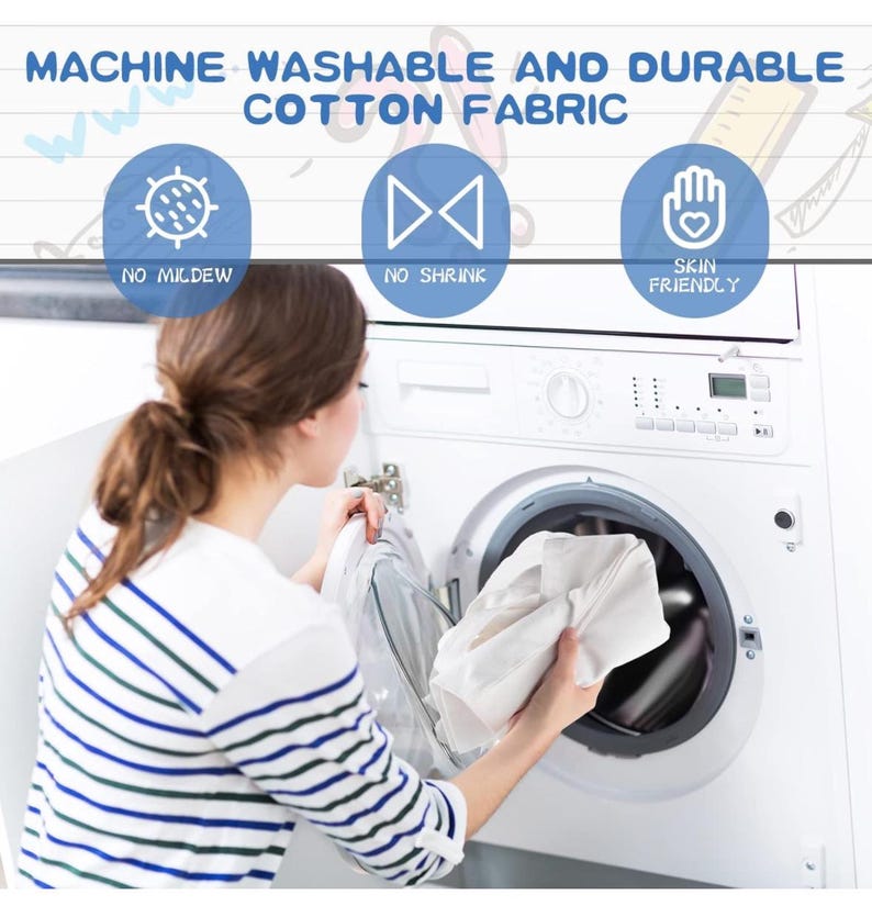 May include: A woman loads a white shirt into a washing machine. The image includes text that reads "MACHINE WASHABLE AND DURABLE COTTON FABRIC" with icons indicating "NO MILDEW", "NO SHRINK", and "SKIN FRIENDLY". The woman wears a striped shirt.