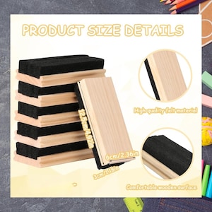May include: Stack of black felt erasers with wooden bases. The product size details are displayed, showing dimensions of 12.5cm/4.92in, 6cm/2.36in, and 3cm/1.18in. The text highlights the high-quality felt material and comfortable wooden surface.