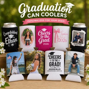 May include: A collection of personalized graduation can coolers in various colors, each featuring a photo and text. The coolers have text that reads "Graduation Can Coolers" and "Personalized for your Grad!" Some coolers have the text "Congratulations Ethan" and "Cheers to the Grad 2026".