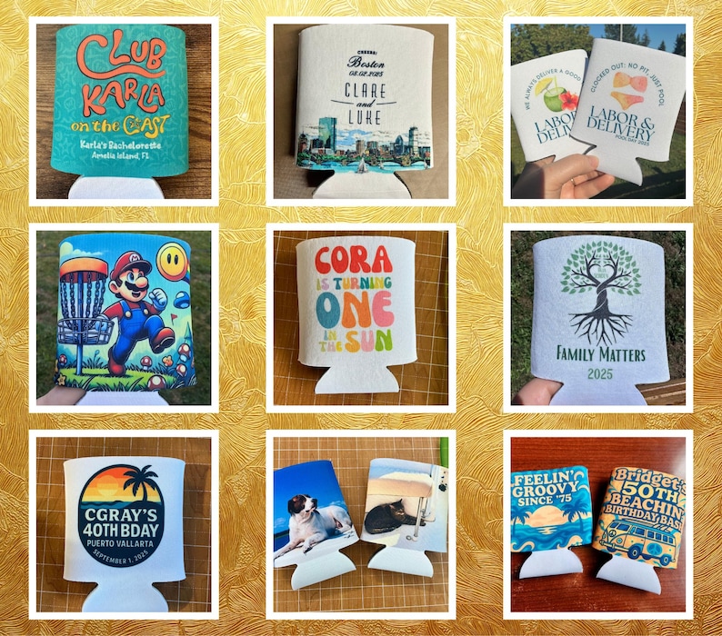 May include: Collection of personalized can coolers with various designs. One features Mario playing disc golf, another says "Club Karla on the Cast", and others have text like "Cora is turning one", and "Family Matters 2025".