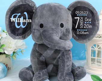 Custom Birth Announcement Personalized Elephant, Birth Stats, New Baby Gift, Newborn Gift, Baby  Gift, Stuffed Elephant, Custom Baby Gift