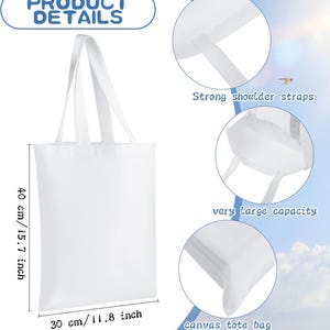 May include: A white canvas tote bag with strong shoulder straps and a very large capacity. The bag measures 11.8 inches wide and 15.7 inches tall. The text "PRODUCT DETAILS" is at the top.