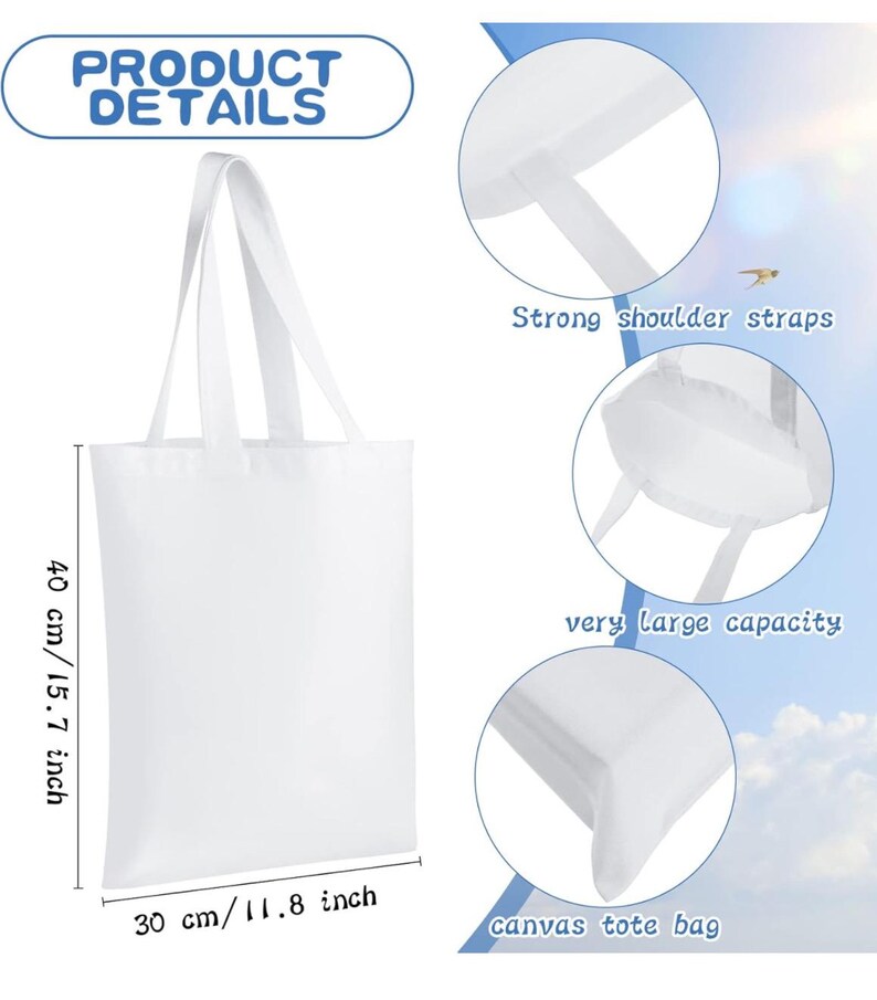 May include: A white canvas tote bag with strong shoulder straps and a very large capacity. The bag measures 11.8 inches wide and 15.7 inches tall. The text "PRODUCT DETAILS" is at the top.