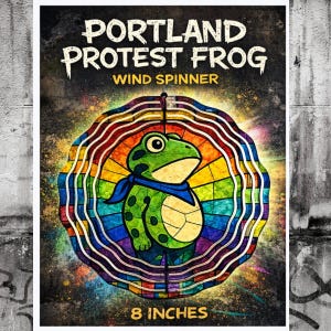 Portland Protest Frog Wind Spinner, Rainbow Stained Glass Frog Decor, Pride Garden Spinner, Funny Political Frog Yard Art, No Kings