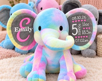 Custom Elephant Birth Announcement Plush - Personalized Newborn Stats Stuffed Animal, Baby Shower Gift, Nursery Keepsake