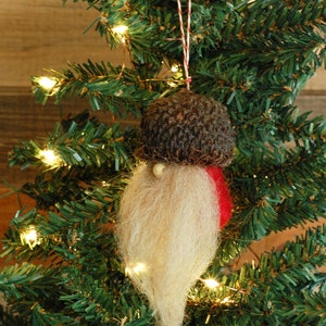 Red Needle Felted Santa Gnome Christmas Ornament with Wool Beard, Acorn Ornament, Bur Oak Ornament, Burr Oak, Farmhouse, Miniature Gnome