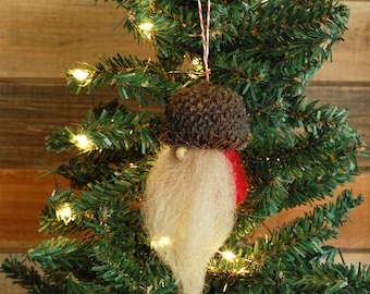 Red Needle Felted Santa Gnome Christmas Ornament with Wool Beard, Acorn Ornament, Bur Oak Ornament, Burr Oak, Farmhouse, Miniature Gnome