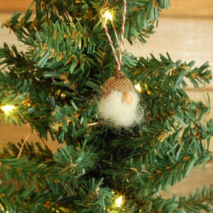 Limited Edition Post Oak Cap Miniature Red Felted Gnome Christmas Ornament with White Fluffy Beard Natural Acorn Ornament Santa Ornament