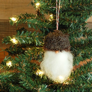 Bur Oak Red Needle Felted Gnome Christmas Ornament with White Fluffy Beard, Acorn Ornament, Wool Santa Ornament, Burr Oak Tree Ornament