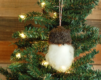 Bur Oak Red Needle Felted Gnome Christmas Ornament with White Fluffy Beard, Acorn Ornament, Wool Santa Ornament, Burr Oak Tree Ornament