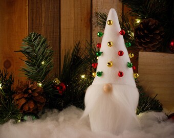 White Christmas Jingle Bell Gnome with Red Green Gold Jingle Bells Holiday Santa Nisse Tomte Home Decor Forest Dweller Nature Lover