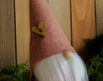 Pink Gnome with Wooden Heart Charm