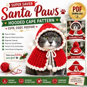 May include: A digital PDF pattern for a crocheted red hooded cape with white trim for cats. The design features a hood, tie strings with pom-poms, and a white paw print motif on the back. The image includes text, a red yarn ball, and a crochet hook.