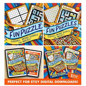 May include: A vibrant graphic promoting digital downloads of fun puzzles, including Sudoku, word searches, and mazes. The image showcases various puzzle designs with the text "Fun Puzzles" and "Printable". The background is a bright, multi-coloured design.