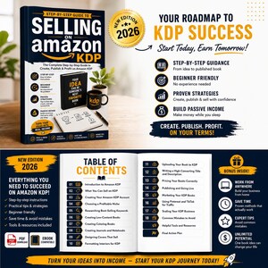 May include: A book cover titled "Selling on Amazon KDP" with a 2026 edition badge. The cover features a book, a coffee mug, and a notepad. The book promises step-by-step guidance for creating, publishing, and profiting on Amazon KDP.