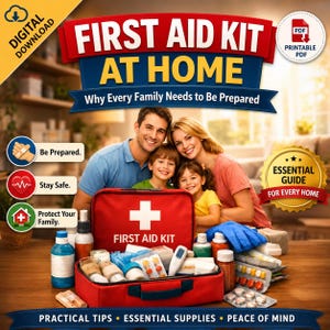 Puede incluir: Un botiquín rojo con una cruz blanca, abierto para mostrar suministros médicos. La imagen incluye una familia de cuatro y el texto "FIRST AID KIT AT HOME" y "ESSENTIAL GUIDE FOR EVERY HOME".