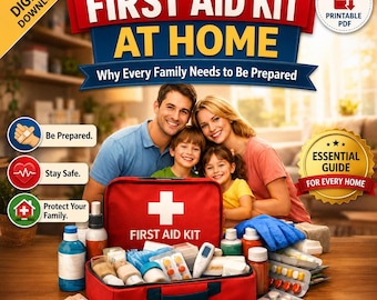 May include: A red first aid kit with a white cross, open to display medical supplies. The image includes a family of four, and text that reads "FIRST AID KIT AT HOME" and "ESSENTIAL GUIDE FOR EVERY HOME".