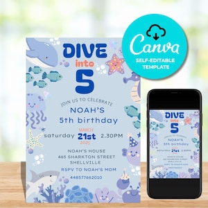 Dive Into Five Birthday Invitation. Boys Ocean Animals Theme. Editable Template. Under the Sea Party Invite. Kids 5th Birthday.
