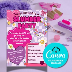 Groovy Birthday Party Invitation - Preppy Tween Slumber Party - Editable Digital Invite - Instant Download - Retro Evite - PJ Party