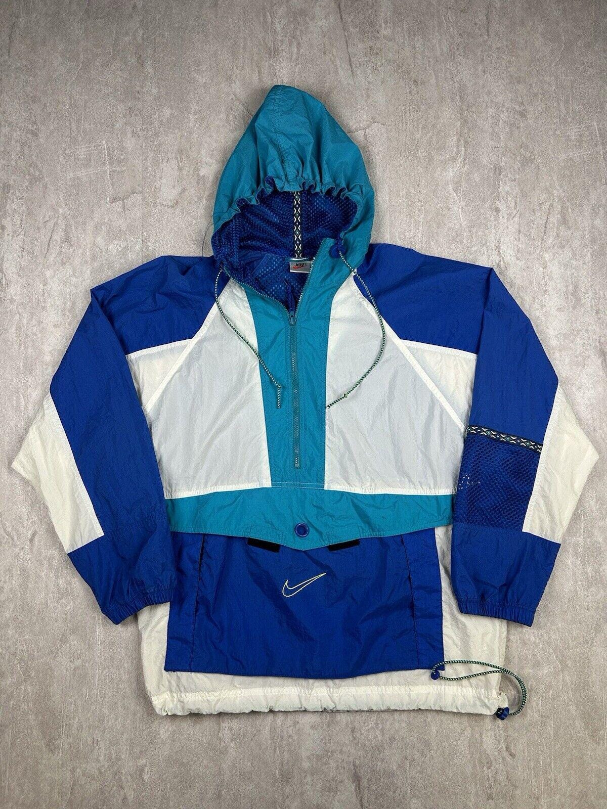 Vintage 90s Nike Windbreaker Quarter Zip Blue White Hooded Vintage 90s Nike Windbreaker Quarter Zip Blue White Hooded