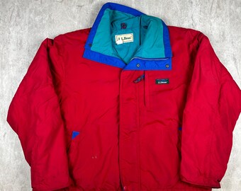 Vintage 80s LL Bean Warm up Jacket Red Teal Lined Outdoors