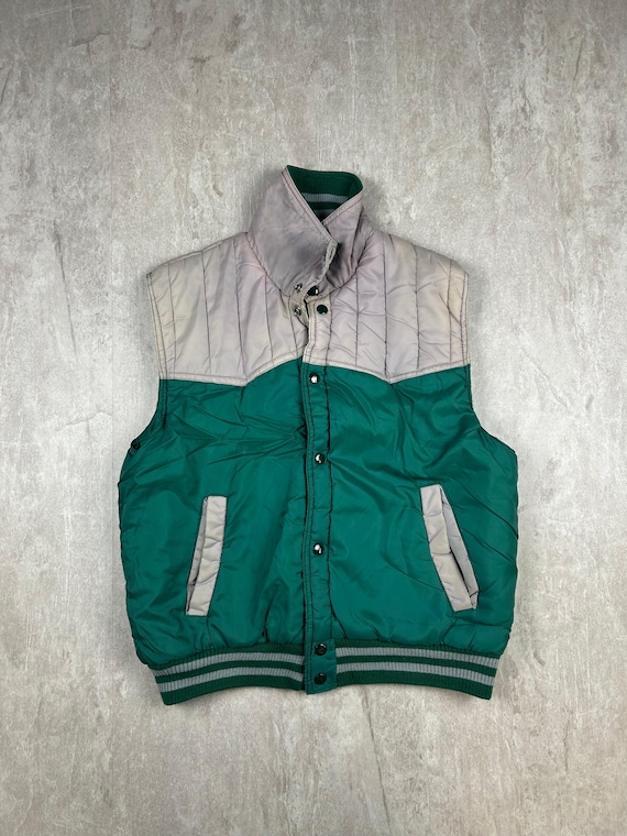 Vintage 70s Fruit of the Loom Puff Puffer Ski Snow Vest Coat Green Men’s Size M