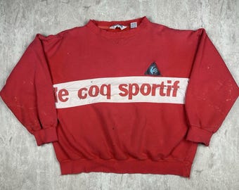 Sudadera vintage de cuello redondo roja bordada de Le Coq Sportif de los años 90 para mujer, talla XL