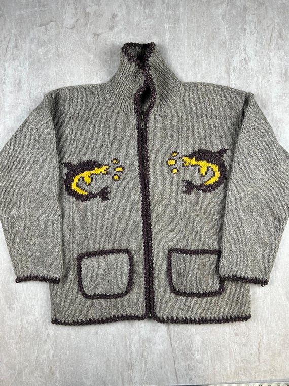 Buy Vintage Cowichan Style Handmade Ecuador Wool Zip up Shawl Knit 
