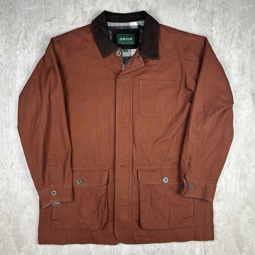 Orvis Brown Tan Chore Barn Coat Plaid Flannel Lined Corduroy