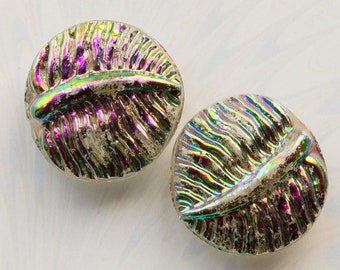 Lot (2) Czech Art Deco Glass Buttons Iridescent Purple Pink Green AB Coating Leafy Design1920s 2.2 cm   FREE shipping UK