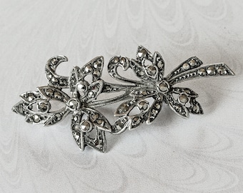 Vintage Small Silver & Marcasite Brooch Pin Delicate Floral Spray Mid Century 1940-1950s Gift For Her Valentines Mothers Day FREE UK Postage