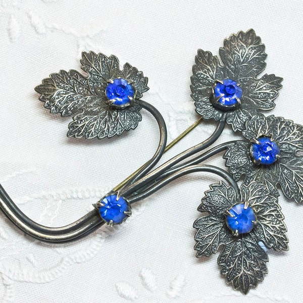 Edwardian-Early Art Deco ,Bold Sparkling, Statement Leaf Spray Brooch Cobalt Blue, Rhinestone  1910-1920's Ideal Gift