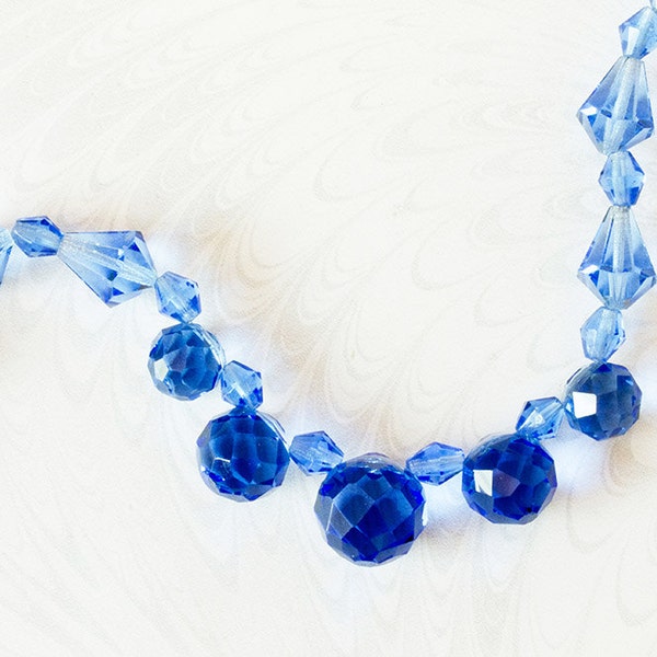 Art Deco Cobalt Blue Crystal Necklace,16ins (45cm) Sparkling Graduated Faceted Beads,Spring Summer Jewelry