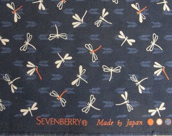 Fat Eighth Quilting Fabric SEVENBERRY Cotton, Dragonflies, Navy Blue Beige and Rust ,Fat Sixteenth FREE UK Postage