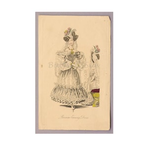 An Orginal Antique Hand Coloured Fashion Engraving / Plate /Print Illustration 1830&#39;s,Evening Dress,Lace Lappets,English Fashion Reference