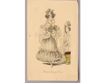 Antike handgefärbte Modegravur / Teller / Druck Illustration 1830er Jahre, Abendkleid, Spitze Lappets, Englische Mode Referenz