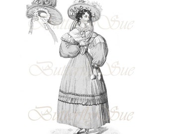 Regency Fashion Plate Digital Download, Modegravur, Englisches Late Regency Day Kleid 1829, Millinery, Kostüm Referenz, druckbare Kunst