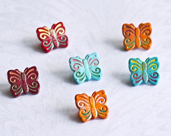 Six Small  Retro 1950s Vintage Opaque Plastic Butterfly Buttons Hand Painted Self shank Turquoise red Orange 1.4cm (1/2ins ) Free Shipping