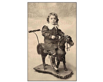 Digital Download Little Victorian Boy On Toy Horse,Lord Fauntleroy With Ringlets & Lace Collar, Vintage Image Instant download 300dpi