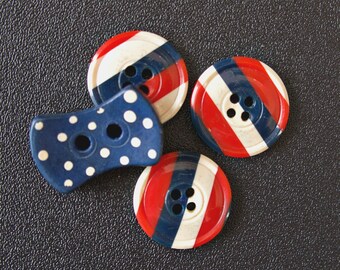 Art Deco Buttons Patriotic Shades 3  Round Red White Blue Stripes  and  1  Blue slightly waisted with white spots ( lot 4 ) FREE Shipping