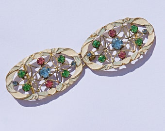 Pretty Metal Art Deco 1920s Narrow Buckle Clasp Ovoid Shapes Painted Cold Enamel and Cut Glass Paste Pink Blue Green Stones Free Shipping