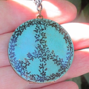 Engraved Verdigris Floral Peace Sign Art locket on copper chain