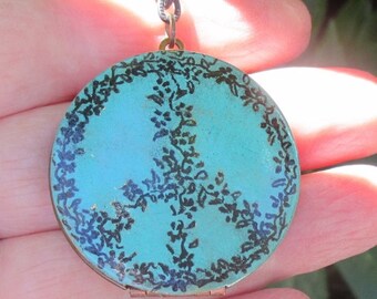 Engraved Verdigris Floral Peace Sign Art locket on copper chain