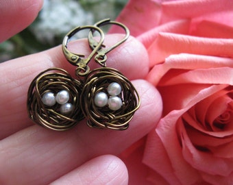 Mini Bronze Woodland Magic Birdnest Earrings with white pearl eggs