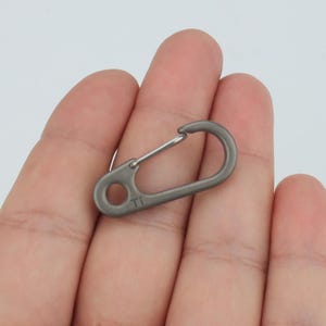 May include: A small, grey carabiner clip with a silver spring gate. The clip has a rounded shape with a small hole at one end and the letters "Ti" etched on the side. The clip is held in a person's hand.
