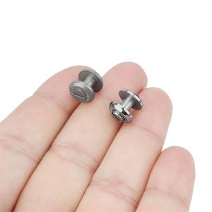May include: Two silver metal screw-in studs with a rounded head and a threaded post. The studs are held in a hand.