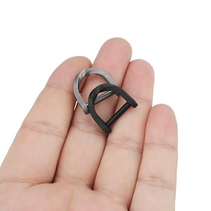 Puede incluir: Dos anillos en D de metal, uno plateado y otro negro, se sostienen en una mano. Los anillos tienen un diámetro de aproximadamente 2,5 cm.